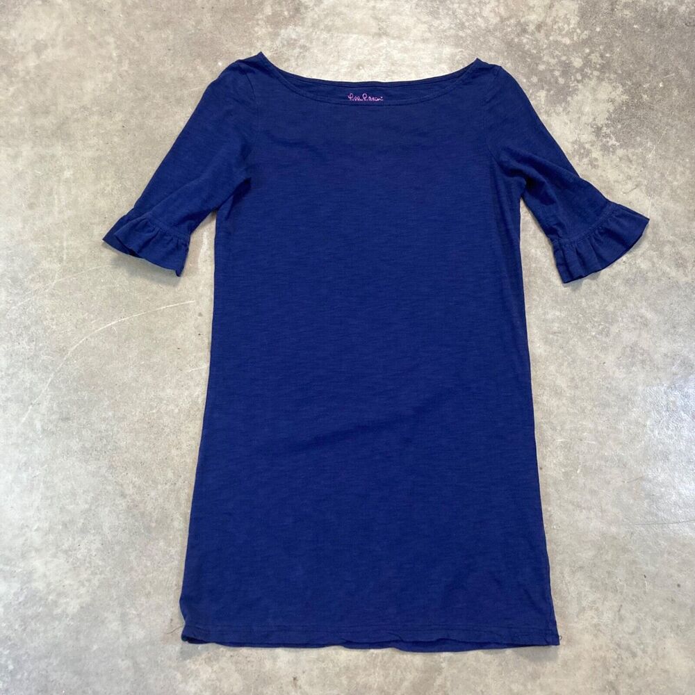 LILLY PULITZER Dress XS Navy Blue Pima Cotton Somerset Boat Neck Ruffle Sleeve